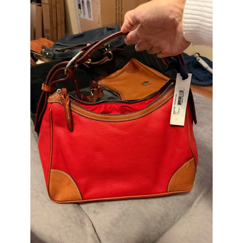 Dooney & Bourke Women Hobo Bag Red Pebbled Leather Harrison Zip Top Shoulder Bag